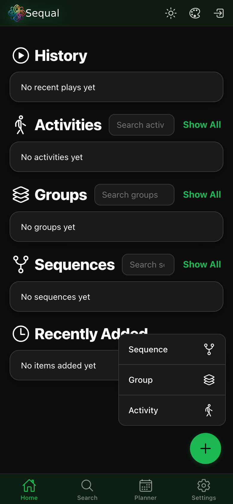 Creating a new sequence, group or activity in Sequal