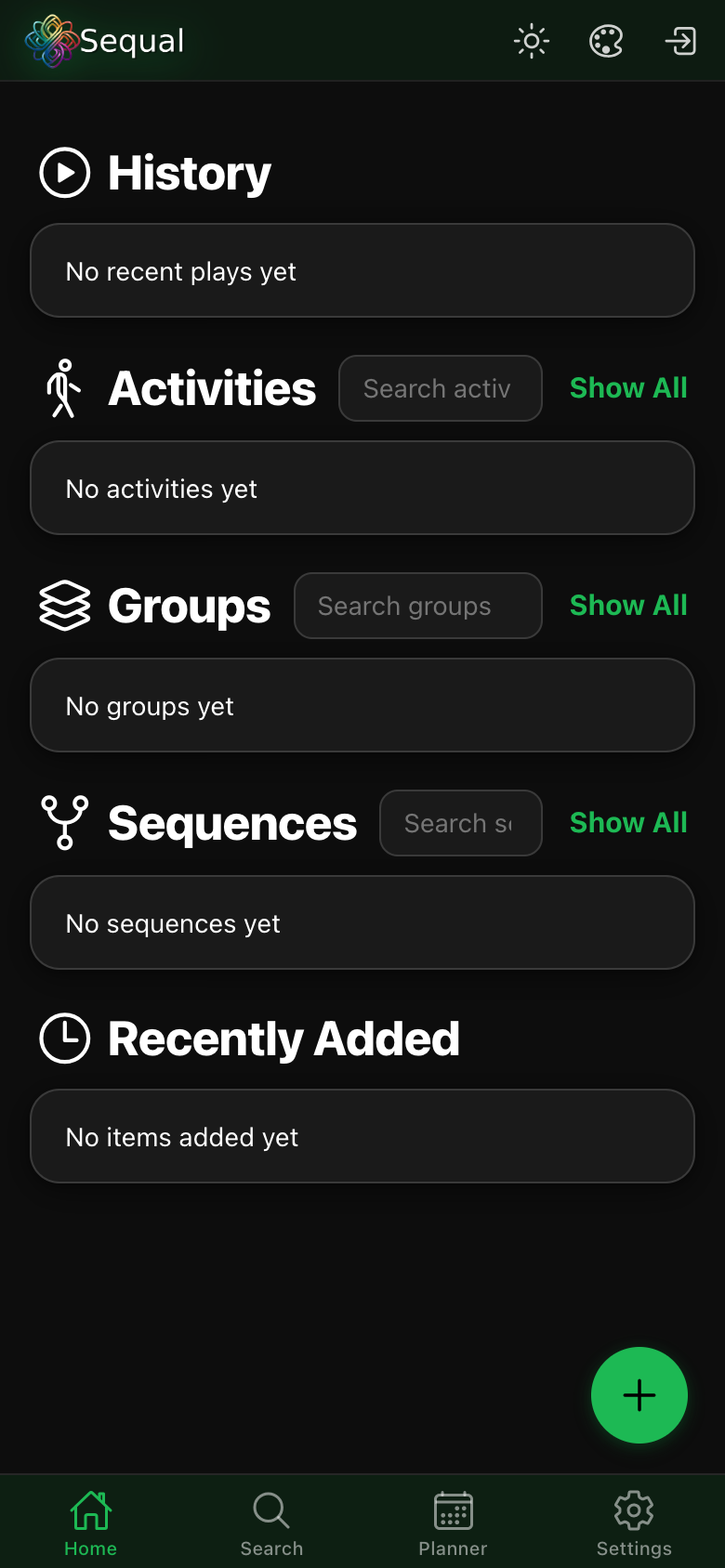 The Sequal app home screen