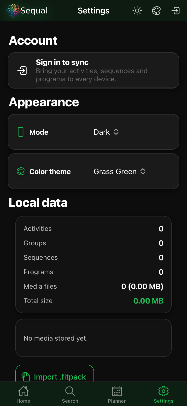 Sequal settings showing sign-in, appearance and local data